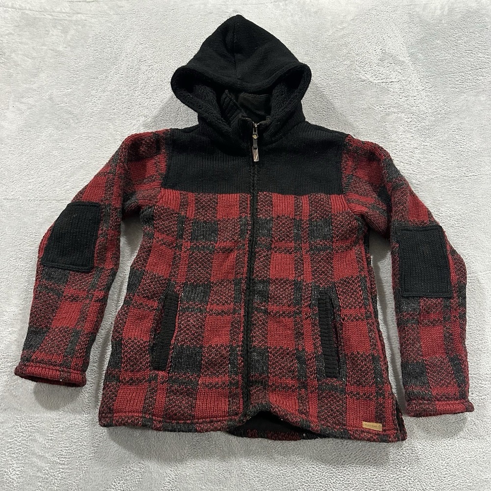 Laundromat Hooded Full Zip Sweater Jacket Women M Red Black Wool